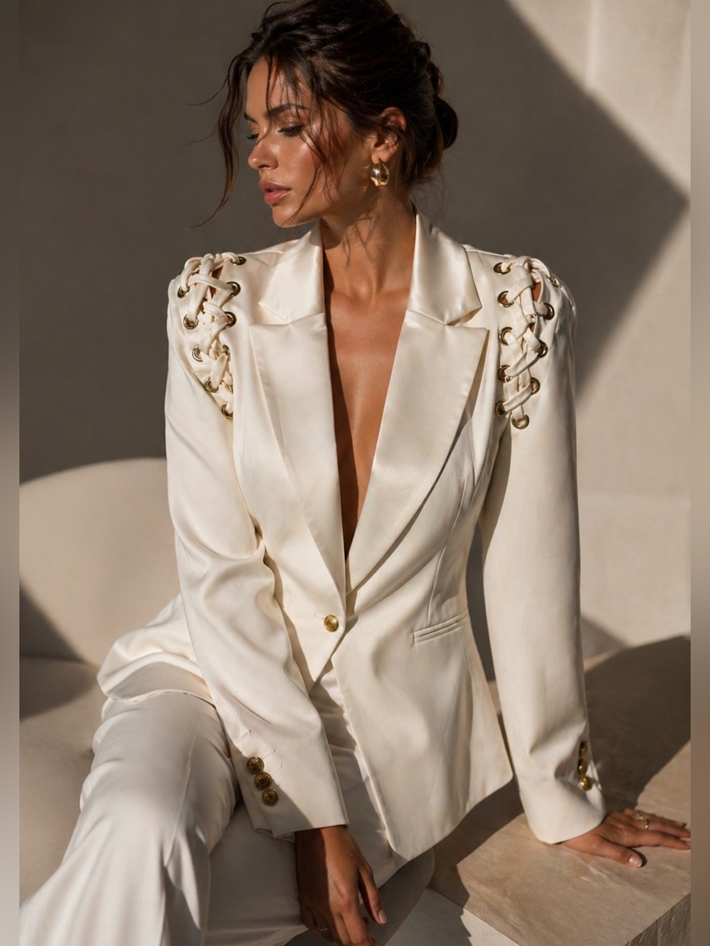 House of CB Cream Lace-Up Shoulder Blazer with Gold Buttons
